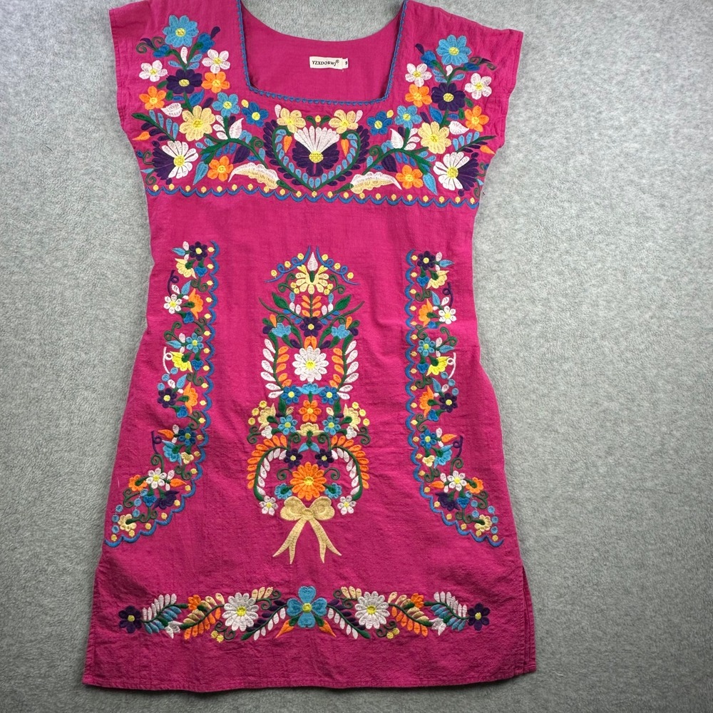 YZXDORWJ Pink Cotton Floral Embroidered Mexican Boho Shift Dress Medium - Picture 13 of 14